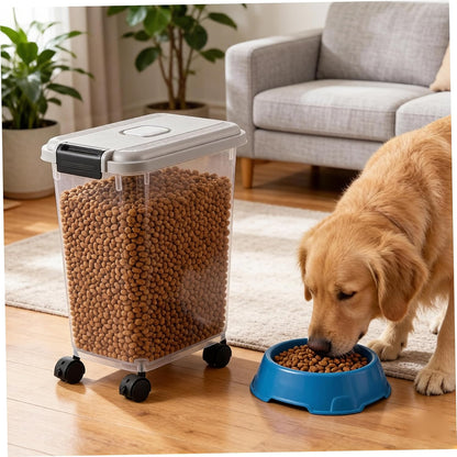 Pet Food Storage, Airtight Seal Large Pet Food Storage Container with Lockable Wheels, Transparent Bin - Gray (35lbs Rice/25lbs Flour) + Measuring Cup