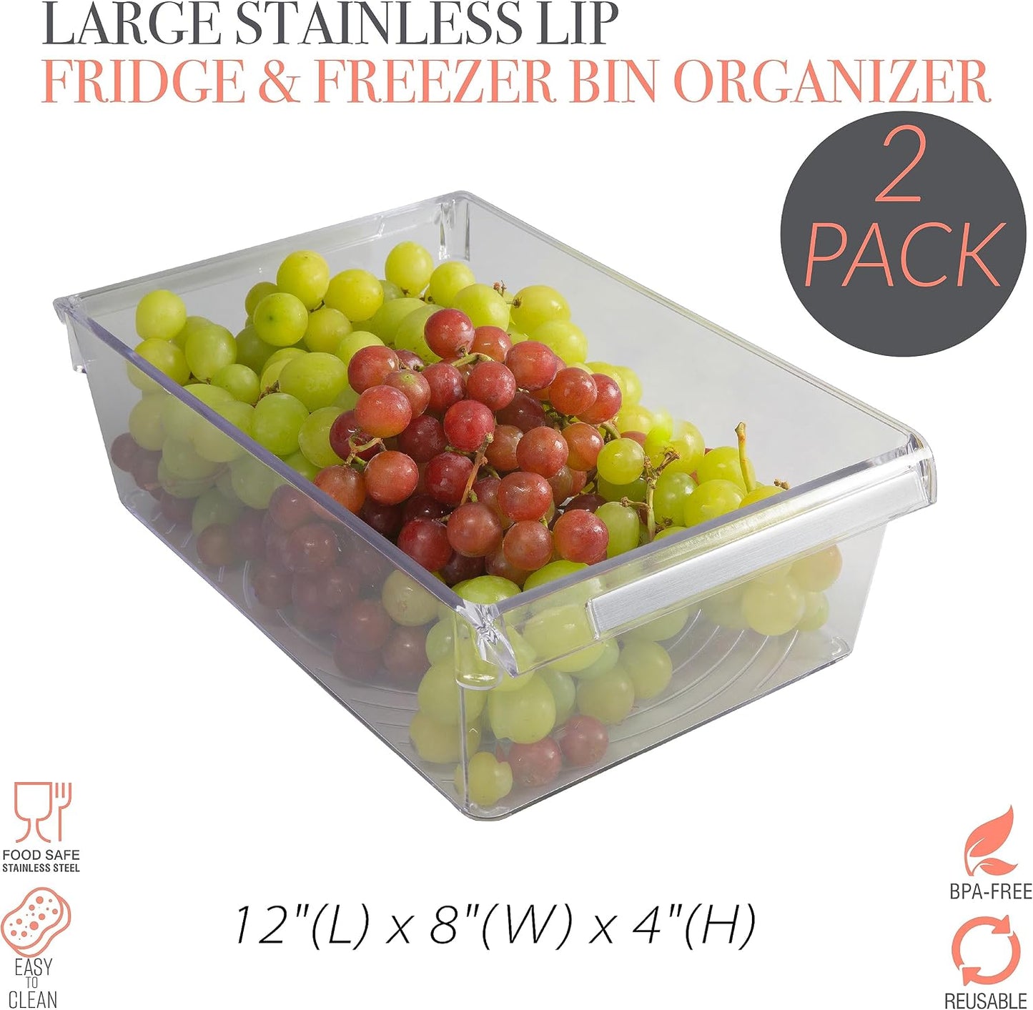 Kitchen Details 2 Pack Medium Refrigerator Storage Bin | Fridge & Freezer | Kitchen Organization | Stainless Steel Handle | Countertop | Cabinets | Pantry | Clear