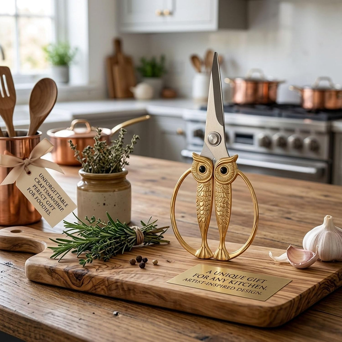 XSNBRD All Purpose Kitchen Scissors, Pearl Gold Stainless Owl Shears.