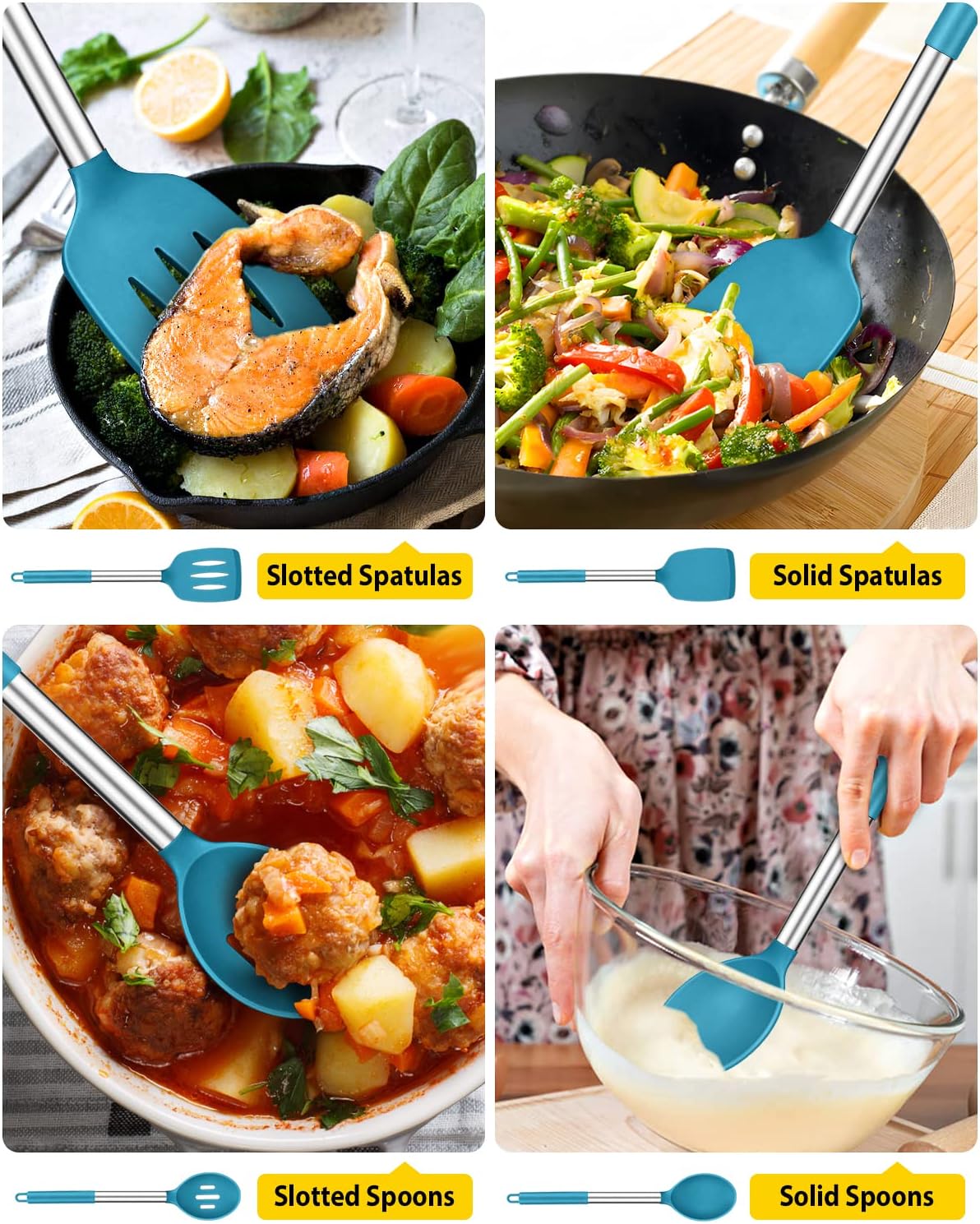 Pack of 4 Silicone Cooking Utensils Set, Non Stick Large Solid Spatulas, Heat Resistant Black Slotted Spoons, Ideal BPA Free Kitchen Turners for Frying, Mixing,Serving,Draining,Turning,Stirring