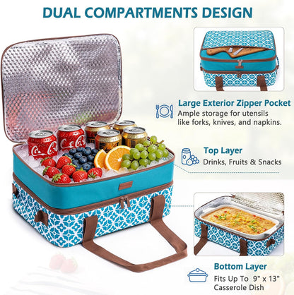 Double Layer Insulated Casserole Carrier, Fits 9" x 13" Baking Dish, Food Transport Carrier with Utensil Pocket for Hot & Cold Dishes, Reusable Potluck Tote for Thanksgiving, Parties&Family Gatherings