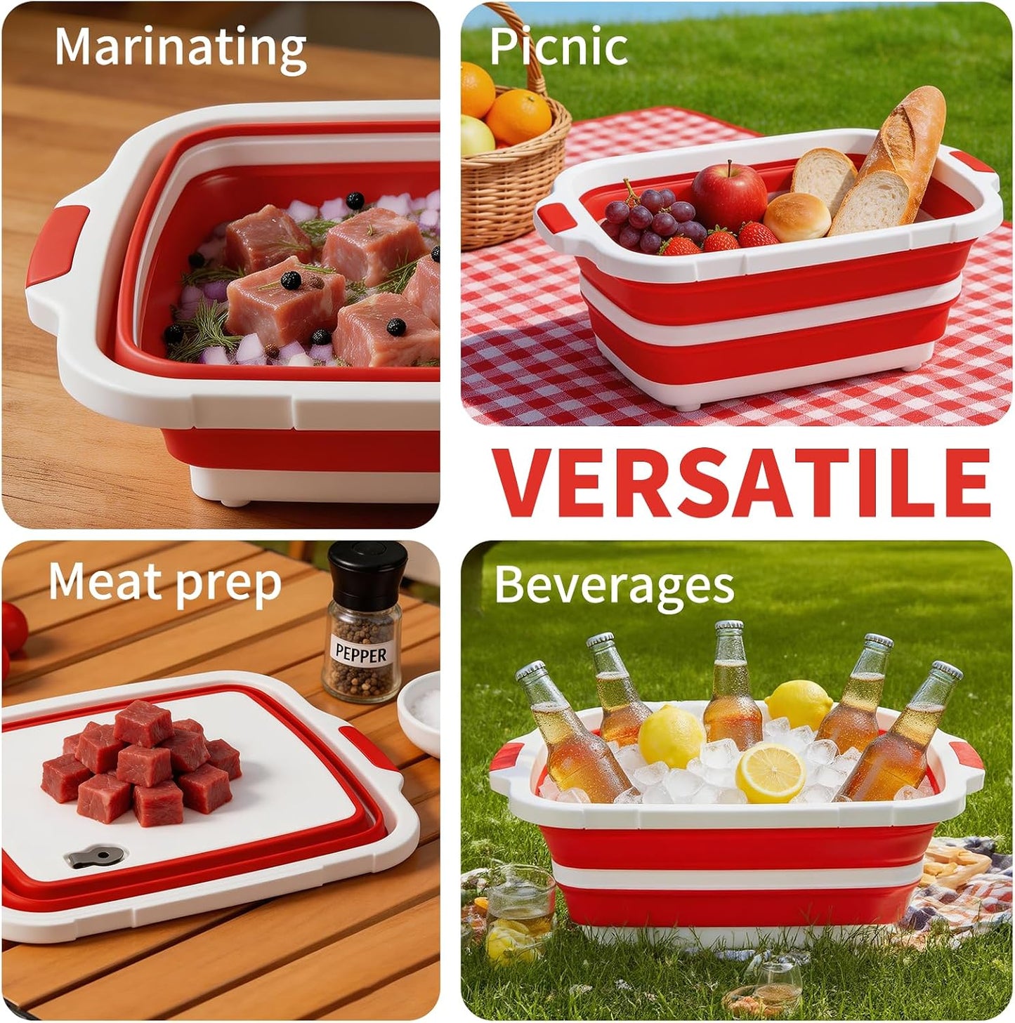 XUDAKAIXIN Collapsible BBQ Prep Tub for Meal Prep, Marinating,Food Storage, picnics, camping, barbecues,cutting fruits and vegetables - Includes Cutting Board and Locking Lid,(X-Large) Black