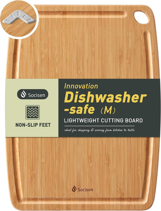 Lightweight Durable Bamboo Cutting Board Set with Non-Slip Feet, Wood Cutting Board for Busy Kitchen, Easy Clean Wooden Chopping Boards with Juice Groove Best House Warming Gift Set of 3 (S+M+L)
