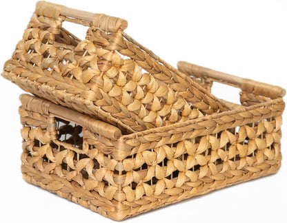 NAYA 11.6" Water Hyacinth Medium Wicker Shelf Basket – Storage Bin | Handwoven water hyacinth shelf basket with sturdy handles for pantry, towels and everyday home organization.
