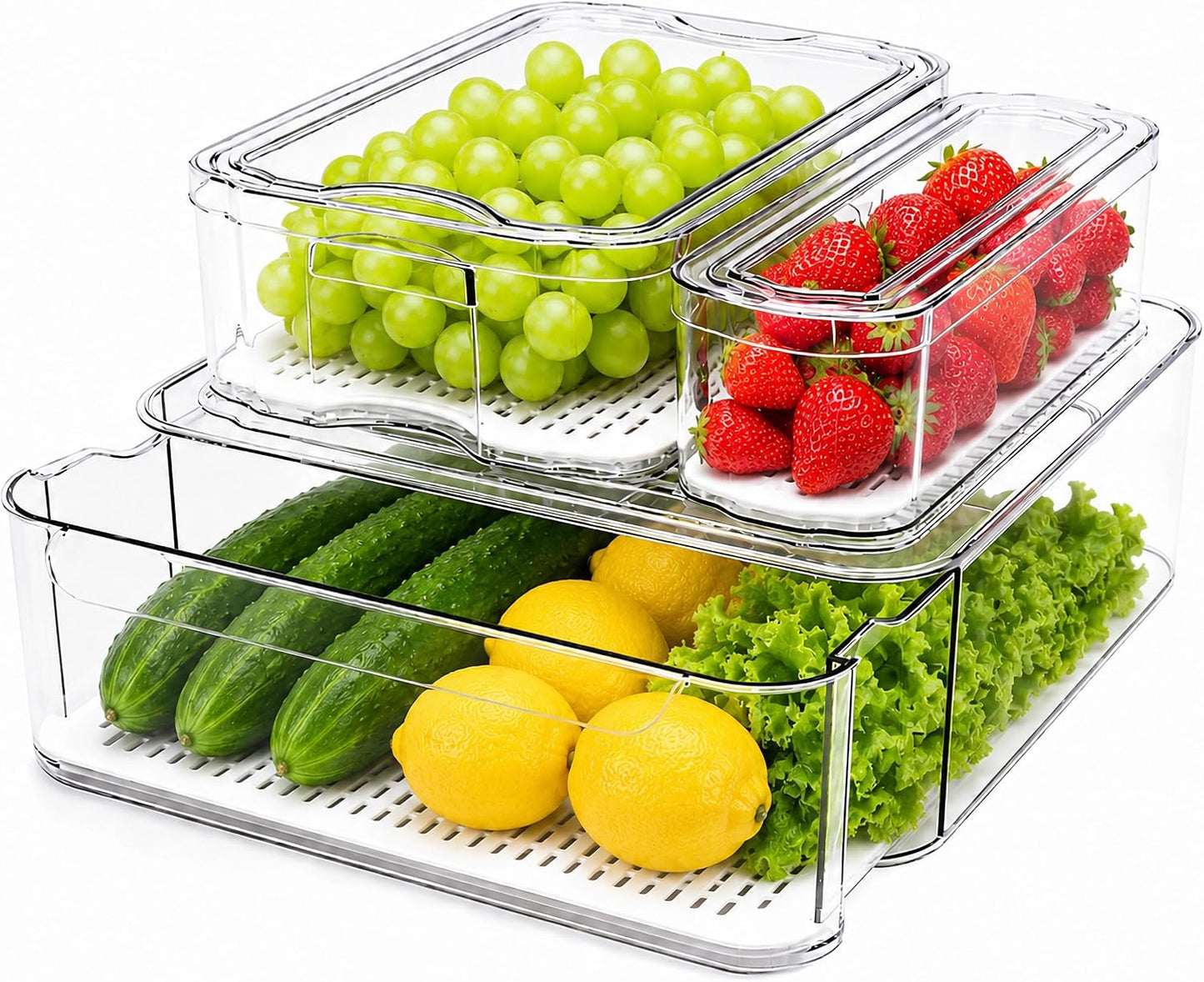 SMRCAD Refrigerator Organizers and Storage, 6 Pack with 1 Pull-Out Drawer and 5 Lidded Bins, Fruit Storage Containers for Fridge with Drain Trays, Helps Keep Produce Fresh