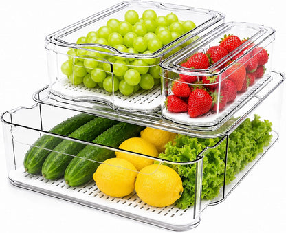 SMRCAD Refrigerator Organizers and Storage, 6 Pack with 1 Pull-Out Drawer and 5 Lidded Bins, Fruit Storage Containers for Fridge with Drain Trays, Helps Keep Produce Fresh