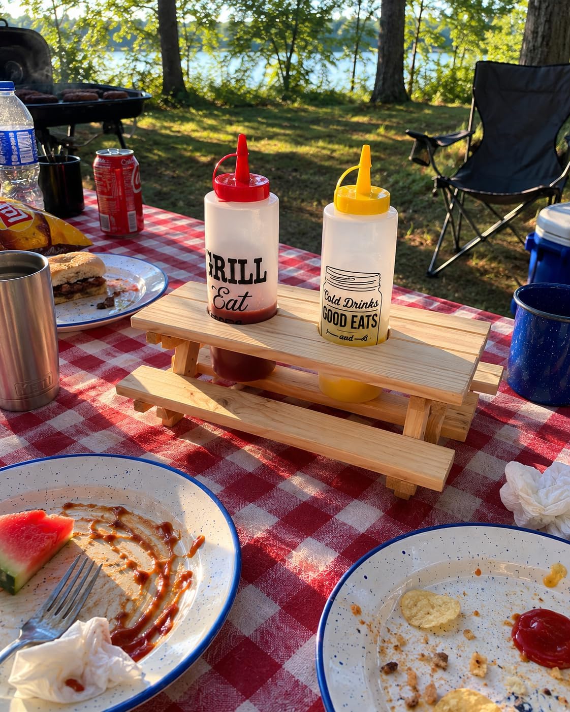 Wooden Picnic Table Condiment Caddy, Hand-Crafted Wood, 12 x 10 x 5 in, for BBQ and Outdoor Use
