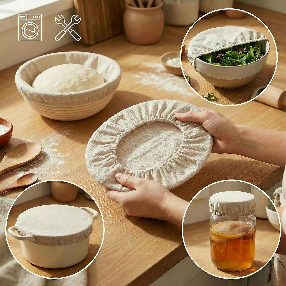 8 PCS Bread Proofing Basket Cloth Liner (3 Round & 3 Oval) & 2 Sourdough Starter Jar Covers, 10 Inch Banneton Basket Cover for Sourdough Baking, Reusable Dough Bowl Liner (Combo)