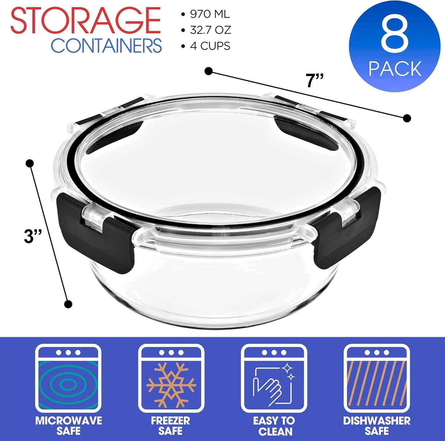 Sorbus Glass Meal Prep Containers Set – 8 Round 32oz Containers with Airtight Lids – Freezer, Dishwasher, Oven Safe – Reusable Food Storage Bowls