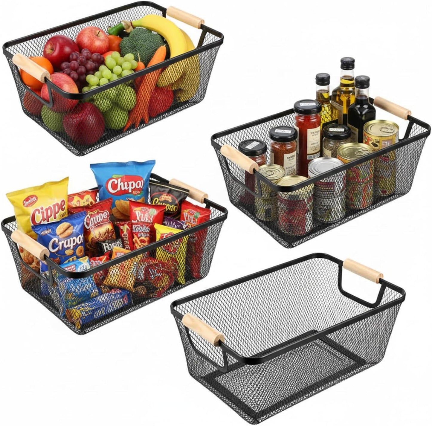 Ziliny 4 Pcs Metal Mesh Wire Baskets with Wooden Handles for Organizing, Pantry Organizers and Storage Steel Bin Kitchen Baskets for Fruit Potato Onion Snacks Bathroom Cabinet(Medium,Cream White)