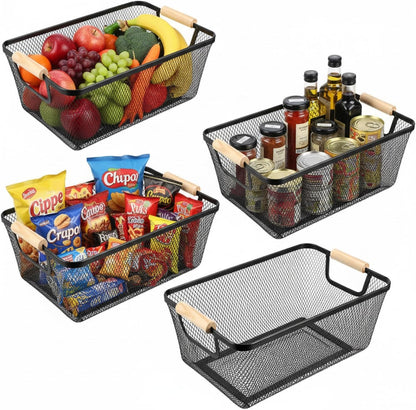 Ziliny 4 Pcs Metal Mesh Wire Baskets with Wooden Handles for Organizing, Pantry Organizers and Storage Steel Bin Kitchen Baskets for Fruit Potato Onion Snacks Bathroom Cabinet(Medium,Cream White)