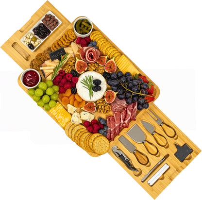 Personalized Charcuterie Board Gift Set, Custom Engraved Large Bamboo Cheese Board with Double-Sided Design, Knife Drawer, Ceramic Bowls & Cheese Knives, Wedding, Anniversary & Housewarming Gift