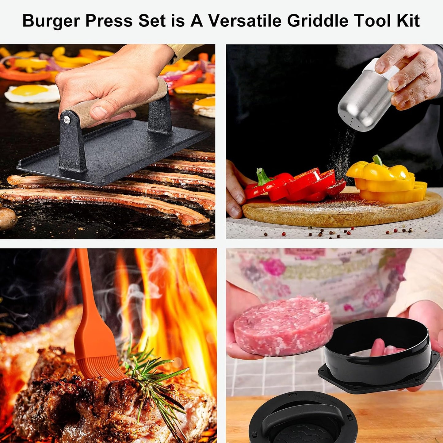 POLIGO Smash Burger Press Kit - 4 in 1 Hamburger Patty Storage Containers, 6.69" Cast Iron Smash Bacon Press - Non Stick Smash Burger Press Set for Grill and Griddle Cooking, Black Round