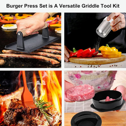 POLIGO Smash Burger Press Kit - 4 in 1 Hamburger Patty Storage Containers, 6.69" Cast Iron Smash Bacon Press - Non Stick Smash Burger Press Set for Grill and Griddle Cooking, Black Round