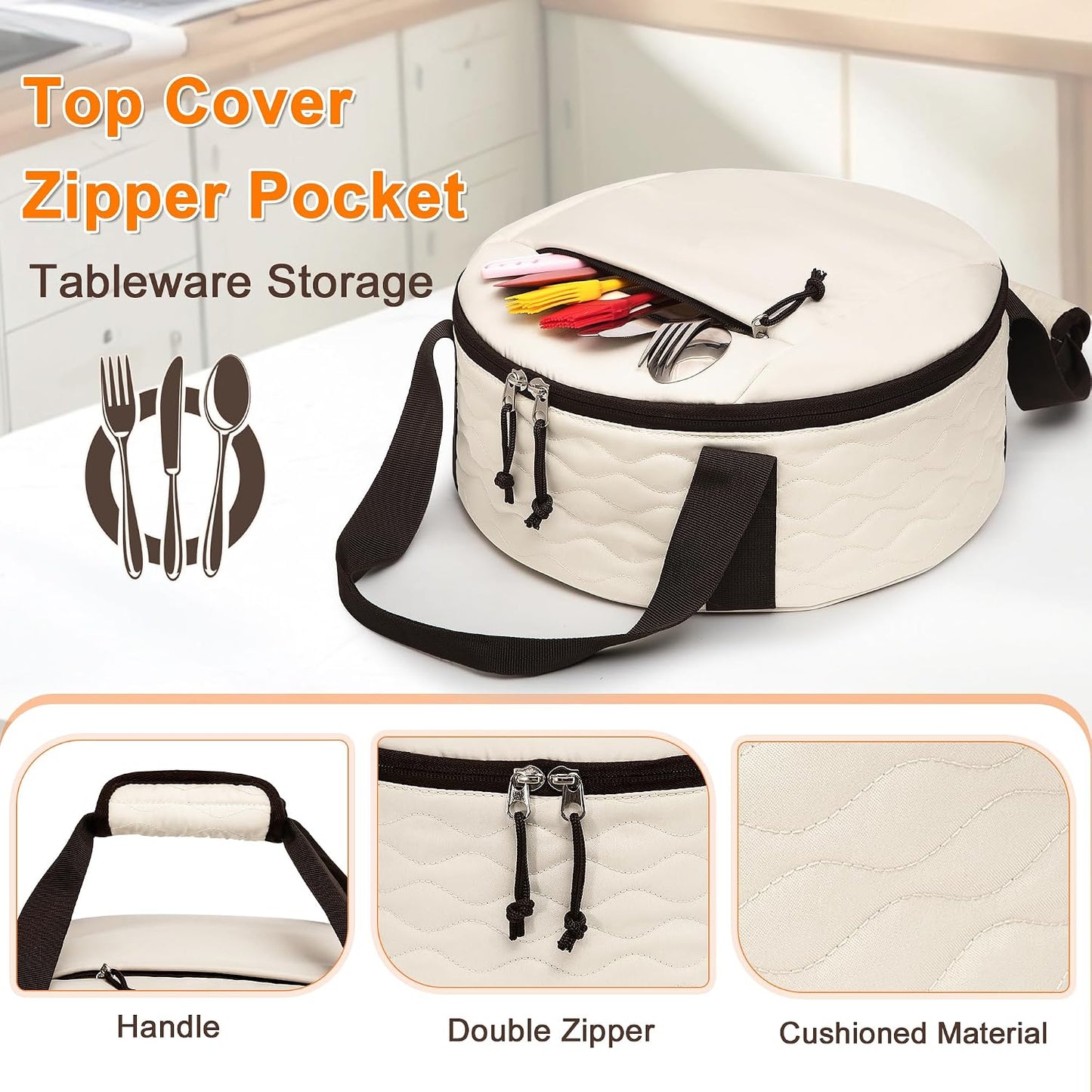 Trunab Round Insulated Casserole Carrier, Pie Carriers for Transport, Casserole Carriers for Hot or Cold Food, Round Lunch Box for Picnics, Camping, Party, with Extra Pocket for Cutlery