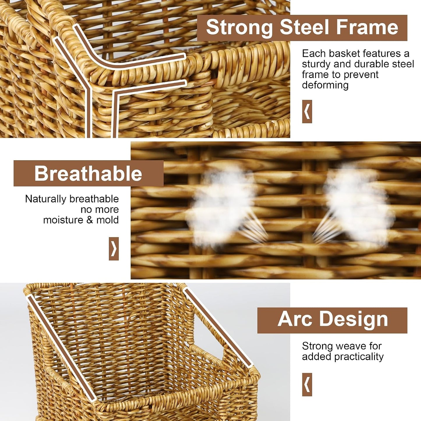 Pantry Baskets for Organizing, Waterproof Wicker Basket with Handles, Trapezoid Woven Baskets for Shelves，Bedroom, Laundry Room,Tan