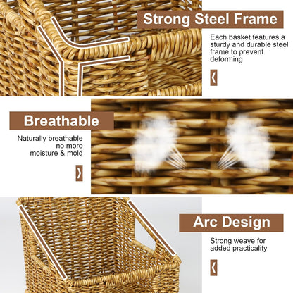 Pantry Baskets for Organizing, Waterproof Wicker Basket with Handles, Trapezoid Woven Baskets for Shelves，Bedroom, Laundry Room,Tan