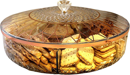 Clear Divided Snack Serving Tray with Lid – 6-Compartment Party Platter with Rose Gold Accent Lines for Candy, Fruit, Nuts, Chips, Appetizers & Desserts