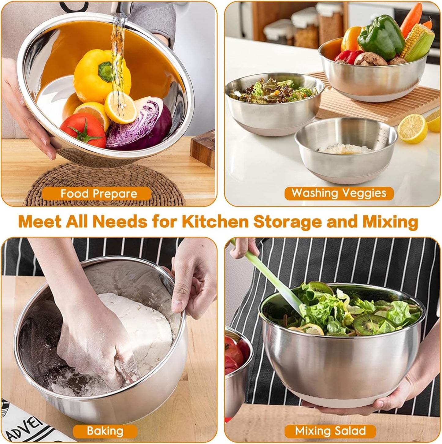 CHAREADA Mixing Bowls with Airtight Lids, 18pcs Stainless Steel Nesting Mixing Bowls Set Non-slip Silicone Bottom, Size 4.5, 3.6, 2.7, 2.1, 1.7, 1.1, 0.7 qt, Fit for Mixing & Serving(Colorful)