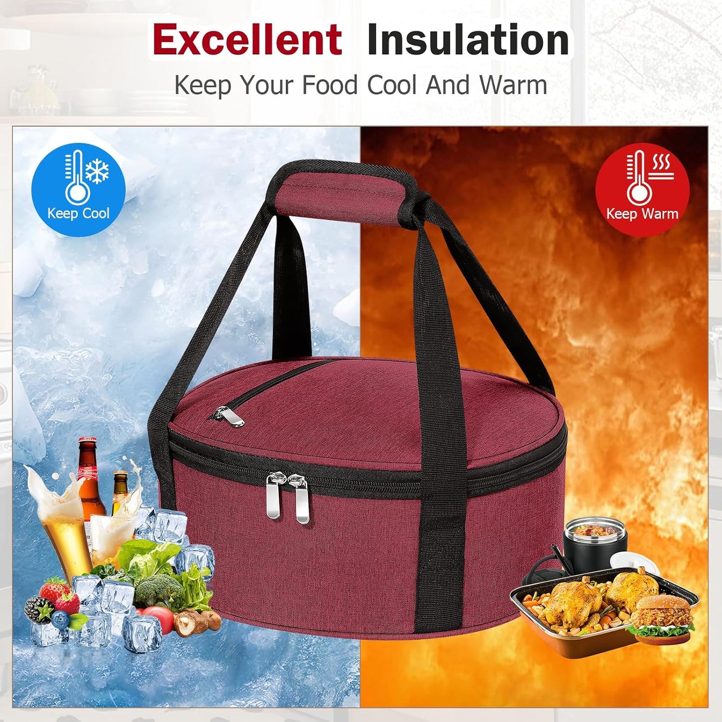 Round Insulated Casserole Carrier – 12" Portable Pie Carrier Bag for Hot or Cold Food, Leakproof Thermal Lunch Tote with Handle for Parties Picnic & Travel - Grey