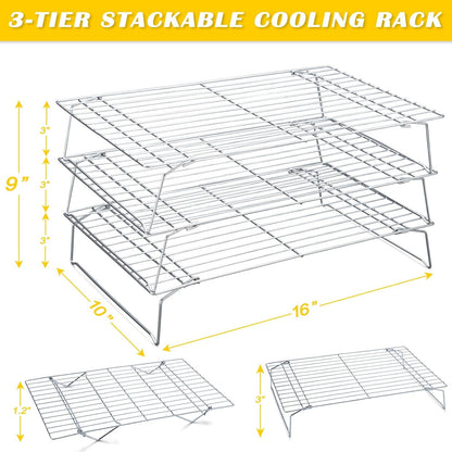 Hunnycook 15.8”×9.8” Cooling Rack, 3P Stainless Steel Baking Rack, Oven Safe Cooling Racks for Cooking and Baking, Black Roasting Rack & Wire Rack & Cookie Cooling Rack for Roasting, Grilling, Drying