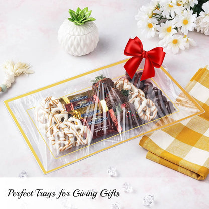 Elegant Plastic Serving Tray & Platter Set (6pk) - White & Gold Rim Disposable Serving Trays & Platters for Food - Weddings, Upscale Parties, Dessert Table, Cupcakes - 8 x 12.85 inches