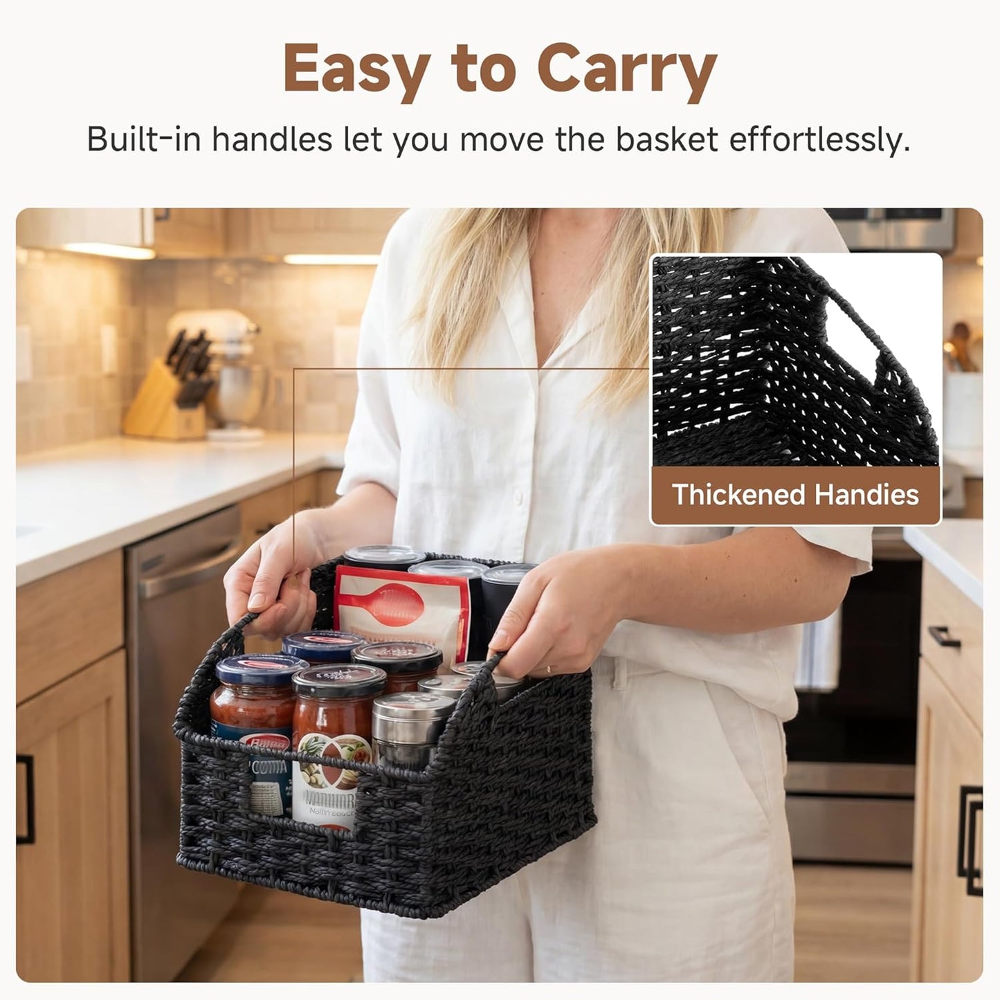 StorageWorks Water Hyacinth Pantry Storage Baskets, Wicker Baskets with Built-in Handles, Handwoven Shelf Baskets for Organizing, Pantry Organizers and Storage, 3 Pack