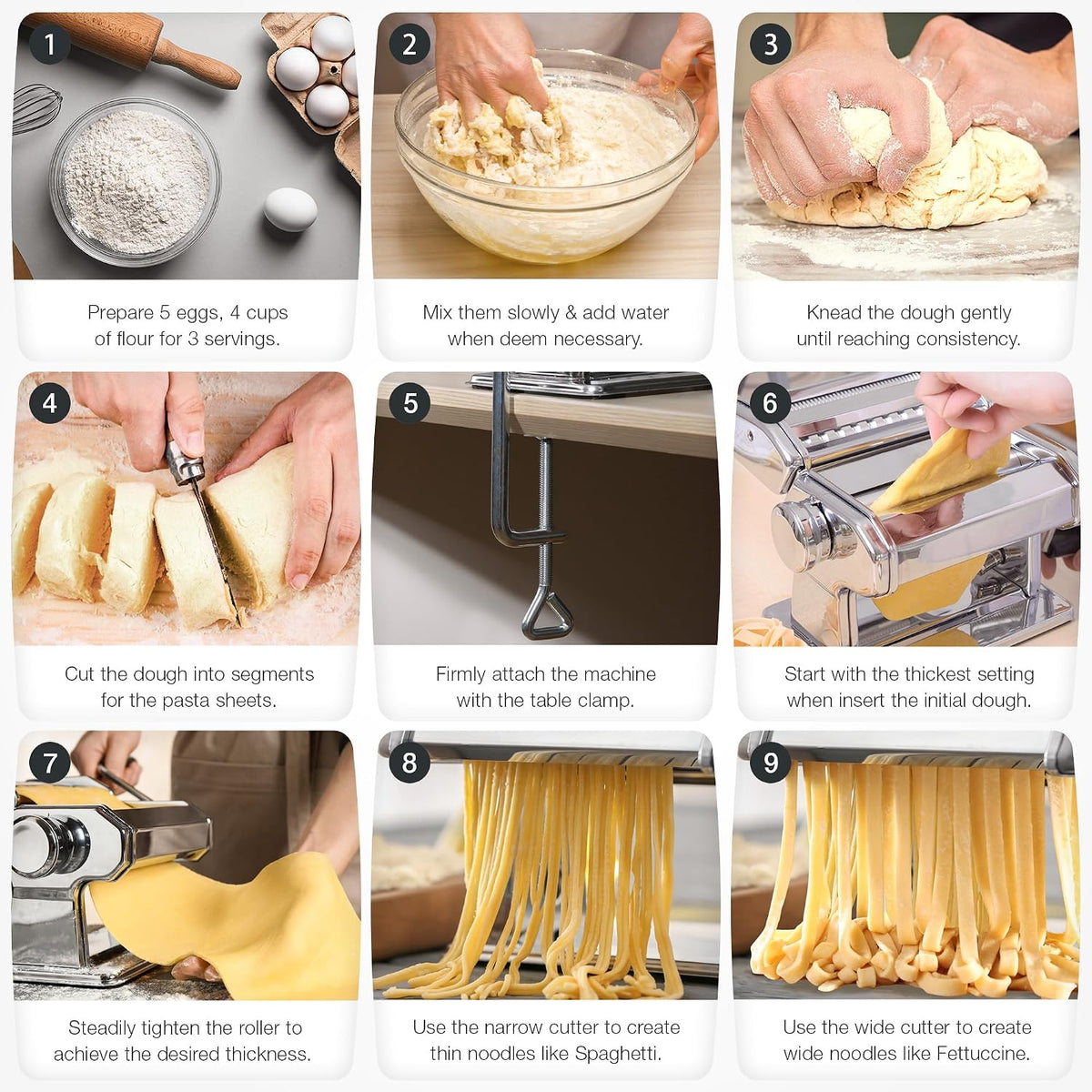 3-in-1 Pasta Maker, 9 Thickness Settings, Dough Rollers & 2 Size Cutters
