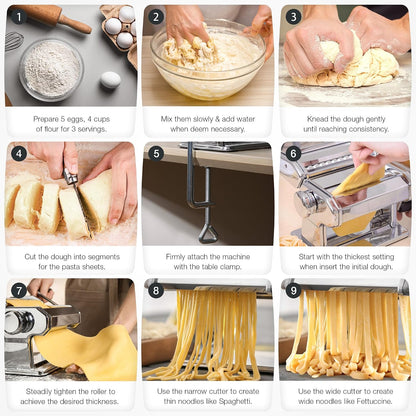 3-in-1 Pasta Maker, 9 Thickness Settings, Dough Rollers & 2 Size Cutters