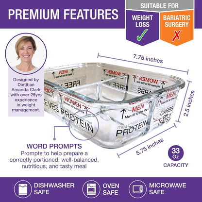 Portion Perfection Portion Control Containers - Glass Oven Ready, Freezer Safe Meal Prep Containers Reusable for Food 3pk, 3 Compartment with Lids, Practical Weight Control Products