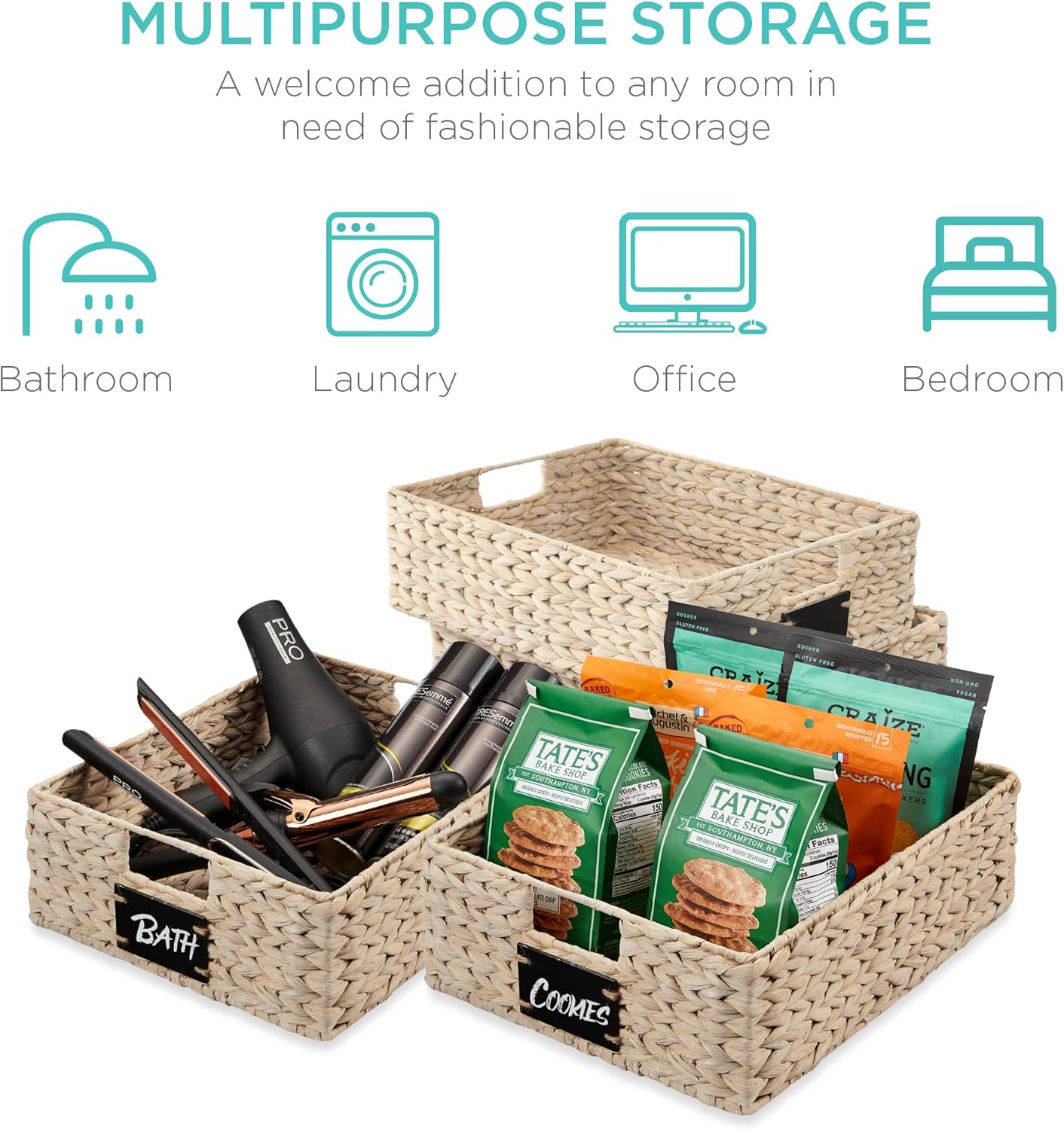 Best Choice Products Set of 4 9x12in Water Hyacinth Pantry Baskets, Woven Organizers w/Chalkboard Label, Chalk Marker - Natural