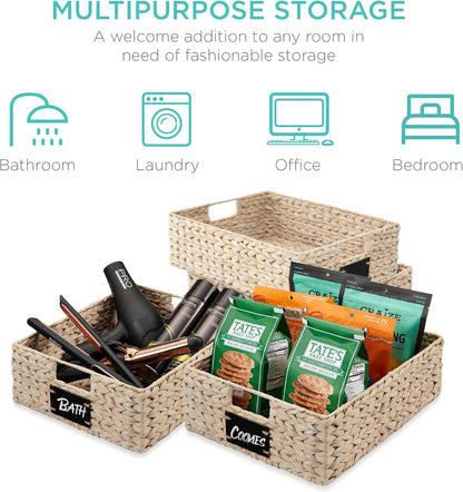 Best Choice Products Set of 4 9x12in Water Hyacinth Pantry Baskets, Woven Organizers w/Chalkboard Label, Chalk Marker - Natural
