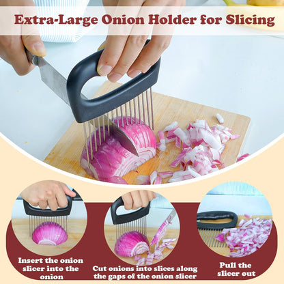 Hendiy Extra-Large Onion Holder for Slicing, 304 Stainless Steel Onion Slicer with 16 Long Needles, Onions Cutter Vegetable Chopper, Extra-Large Tomato Potato Slicer,Meat Tenderizer,Food Slicing Guide