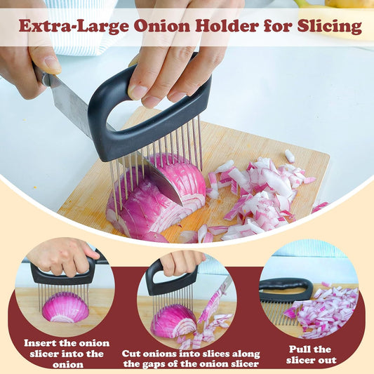 Hendiy Extra-Large Onion Holder for Slicing, 304 Stainless Steel Onion Slicer with 16 Long Needles, Onions Cutter Vegetable Chopper, Extra-Large Tomato Potato Slicer,Meat Tenderizer,Food Slicing Guide
