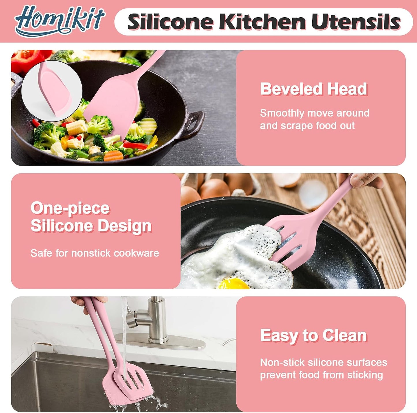 Homikit Silicone Cooking Utensil Set, 15pcs Kitchen Utensils with Holder for Nonstick Cookware, Heat Resistant Nontoxic Silicone Spatula Set Dishwasher Safe Kitchen Tools for Baking-Black