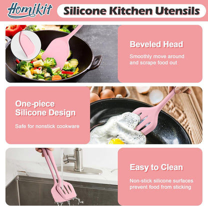 Homikit Silicone Cooking Utensil Set, 15pcs Kitchen Utensils with Holder for Nonstick Cookware, Heat Resistant Nontoxic Silicone Spatula Set Dishwasher Safe Kitchen Tools for Baking-Black