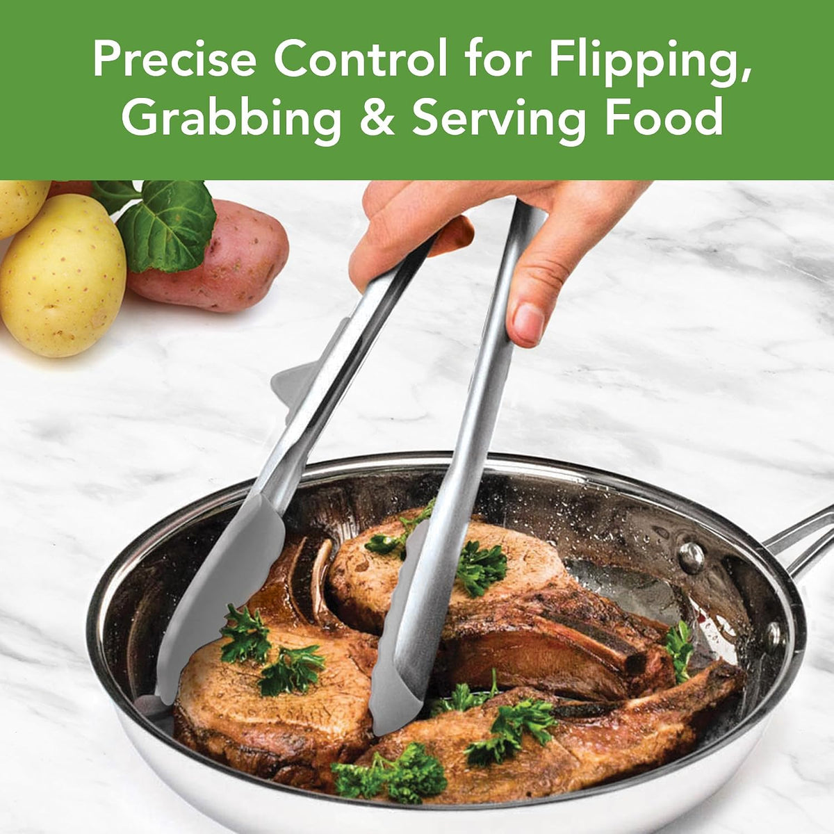 Tovolo Tongs With Silicone Tips Easy Grip 13” Long Kitchen Tongs Stainless Steel Handle For Cooking BBQ, Non Scratch Heat Resistant Locking Metal Silicone Tipped Dishwasher Safe BPA Free, Black