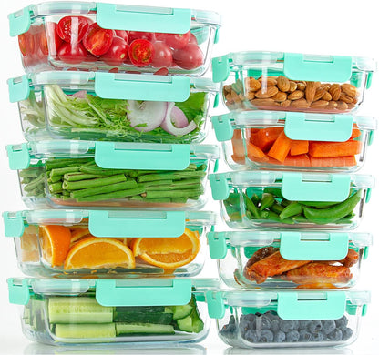 UMEIED 10 Pack Glass Food Storage Containers with Lids, Leakproof Airtight Glass Meal Prep Containers For Lunch, On The Go, Leftover, Dishwasher Safe
