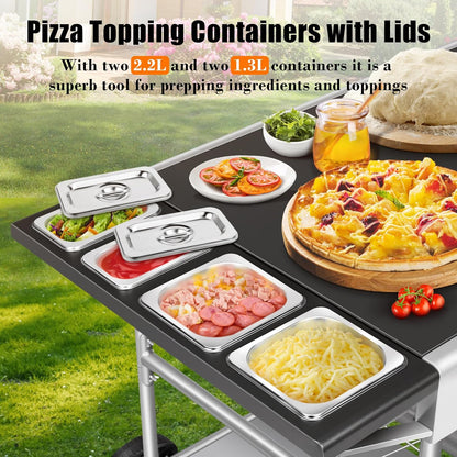 Outdoor Pizza Oven Table for Ninja Woodfire, Blackstone Tabletop Grill, Portable Grill Cart & Food Prep Work Table, Movable Pizza Oven Cart for Backyard BBQ and Patio Parties