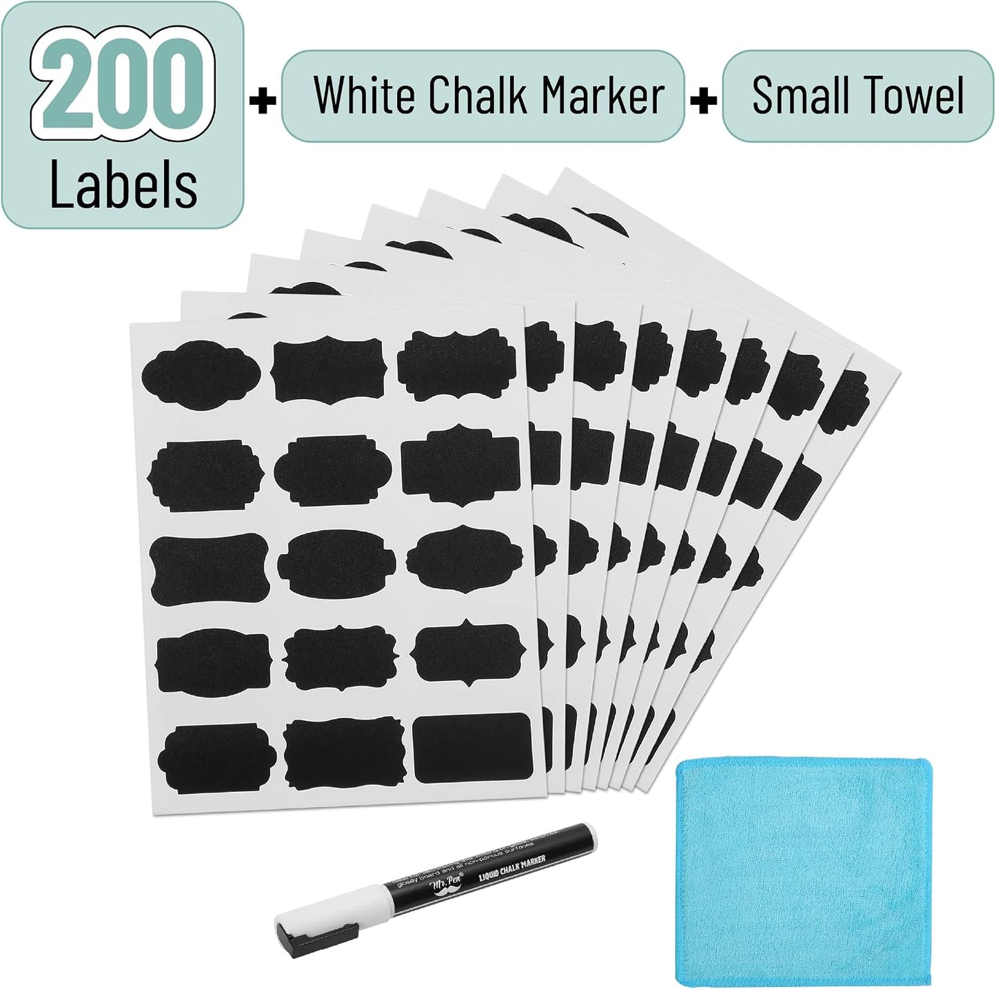 Mr. Pen- Chalkboard Labels, 100 pcs, Assorted Shapes | Waterproof Reusable Blackboard Stickers with 1 Erasable Liquid Chalk Marker for Mason Jars