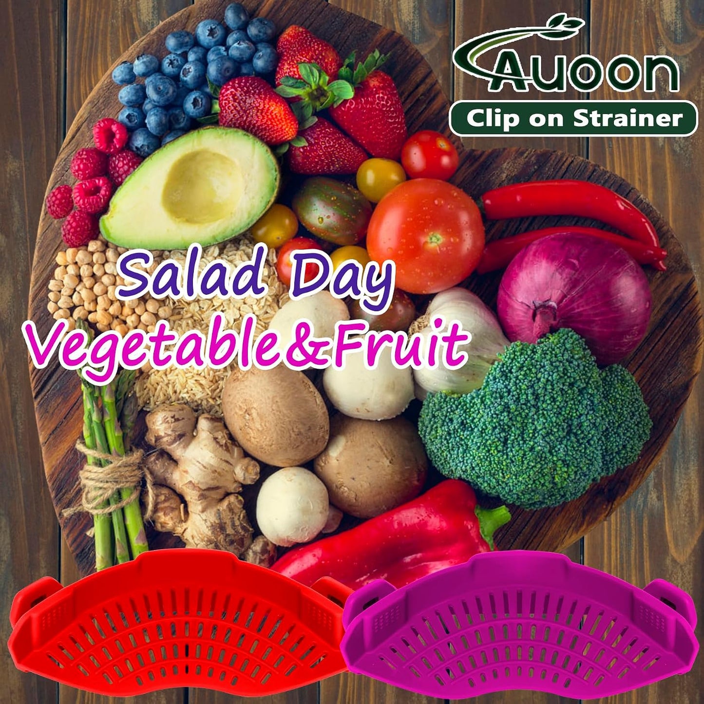 AUOON Clip On Strainer Silicone for All Pots and Pans, Pasta Strainer Clip on Food Strainer for Meat Vegetables Fruit Silicone Kitchen Colander