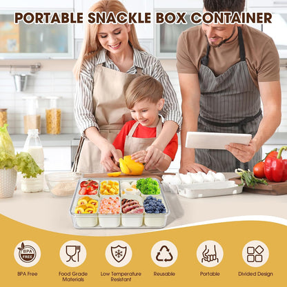 WanshengLe 6 in 1 Snackle Box 3.82L with Lid & Handle, 4 PCS Stainless Steel Snack Box and 2 PCS Plastic Box, 6 Detachable & Dishwasher Safe Snacklebox, Divided Container Box for Snack Fruit Nut