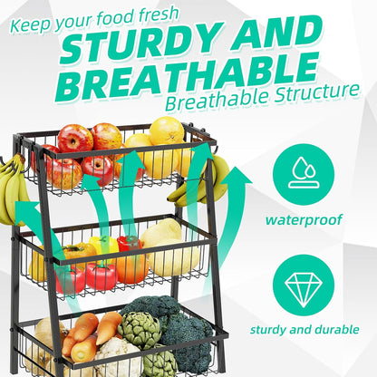 Simple Trending Fruit Basket 2-Tier Detachable, with Banana Hangers & Rust-Proof Metal Mesh, Ventilated Kitchen Organizer for Countertop, Perfect for Fruits, Vegetables, Snacks Storage