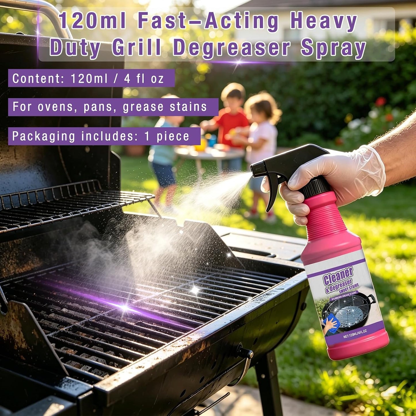 2Pcs Fast Acting Heavy Duty Grill Degreaser Spray, BBQ Grill Cleaner Spray for Outdoor Grills, Multifunctional Grease Remover for Oven Stove Air Fryer Grill, 120ml