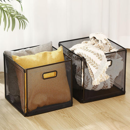 Funnymoom 2 Pcs Foldable Metal Wire Basket 13 x 13 Inch Black Cube Storage Bins Stackable Wire Laundry Baskets Organizer with Handle for Shelves Pantry Cabinet File Graduation Gift