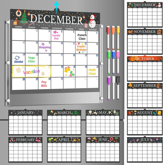 NiHome Reusable Magnetic Acrylic Dry Erase Calendar for Fridge with 12 Monthly Sheets and 9 Color Chalk Markers, Monthly Planner for Meal Prep, Family Schedule, Notes, Grocery Lists and Daily Planning