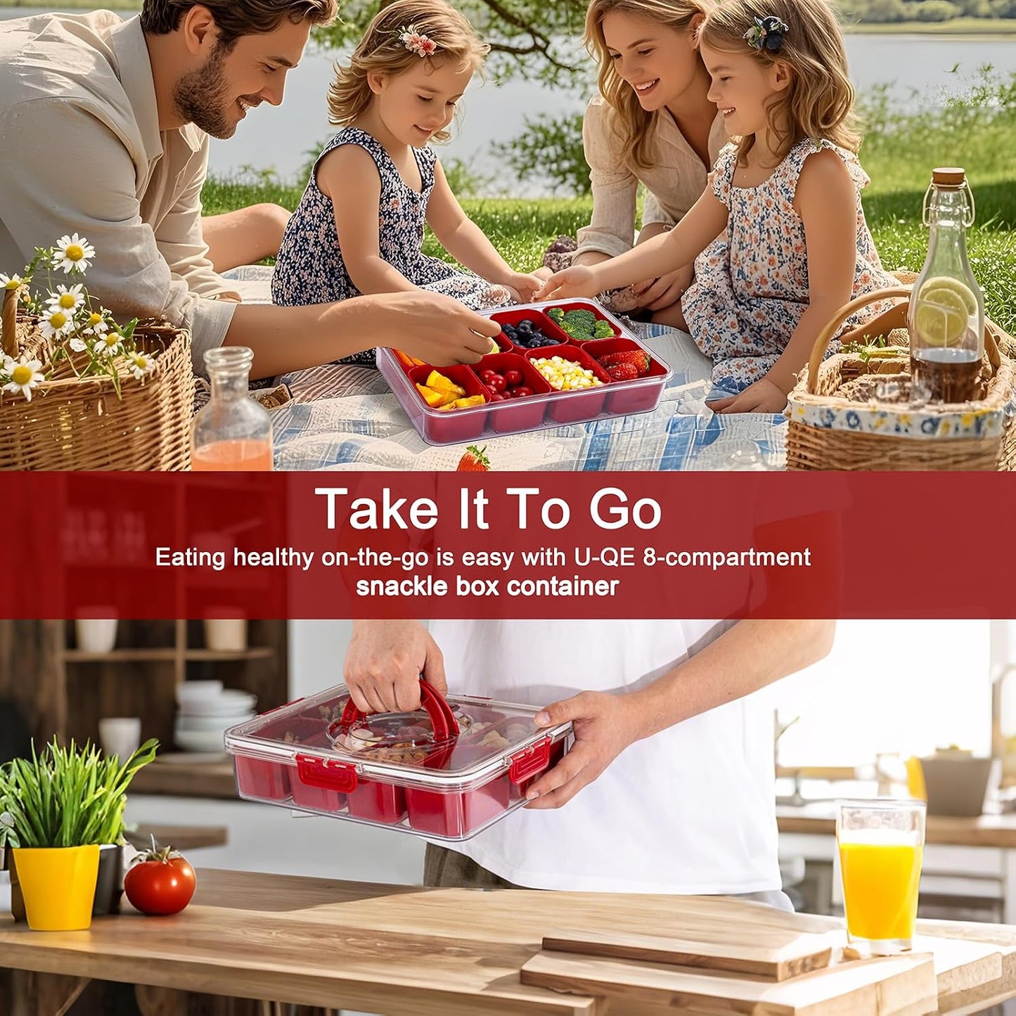 U-QE Dishwasher Safe Snackle Box Container with 8 Small Snacks Box - Premium Ivory Plastic Divided Serving Tray with Lid and Handle for Snack, Veggie, Fruits, Perfect for Party, Picnic, Entertaining