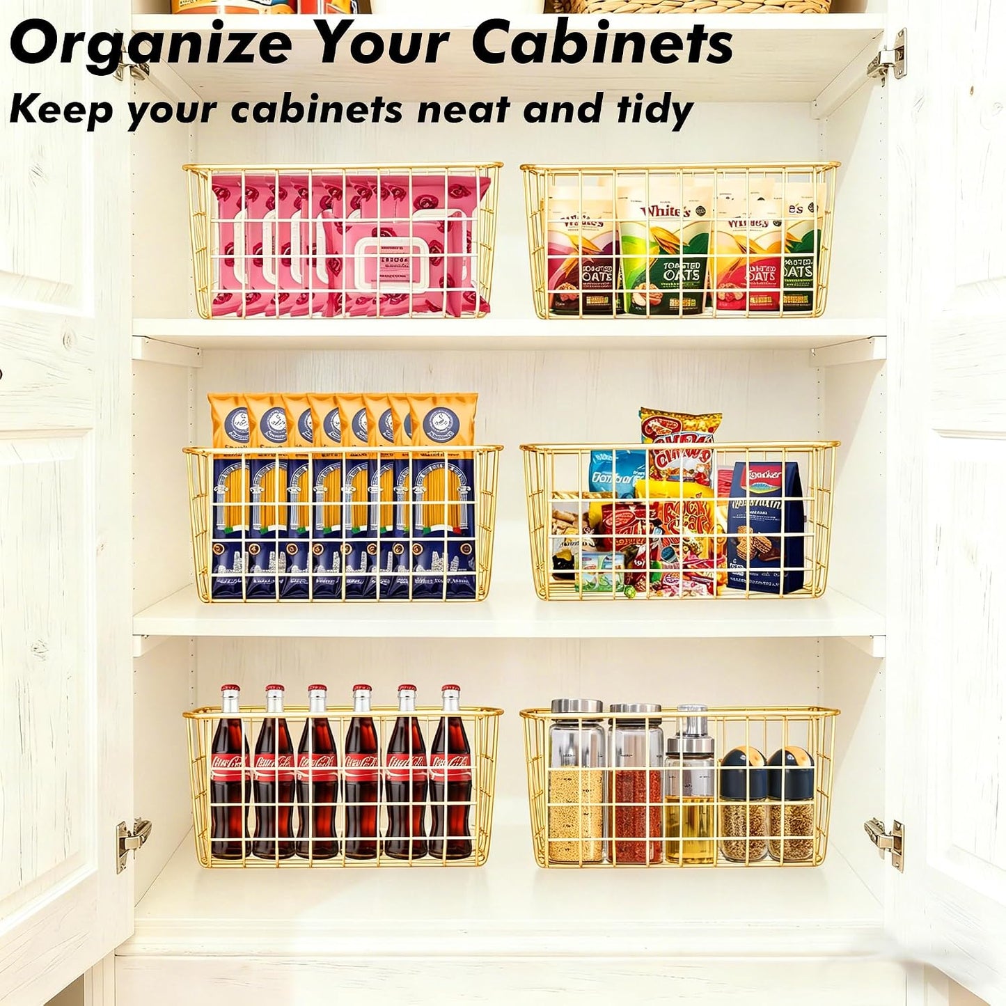 White Wire Storage Baskets,11.1"x8.7"x4.7"Wire Freezer Storage Organizer Bins Farmhouse Metal Freezer Basket with Handles for Cabinets, Pantry, Closets, Bedrooms,White,4 Pack