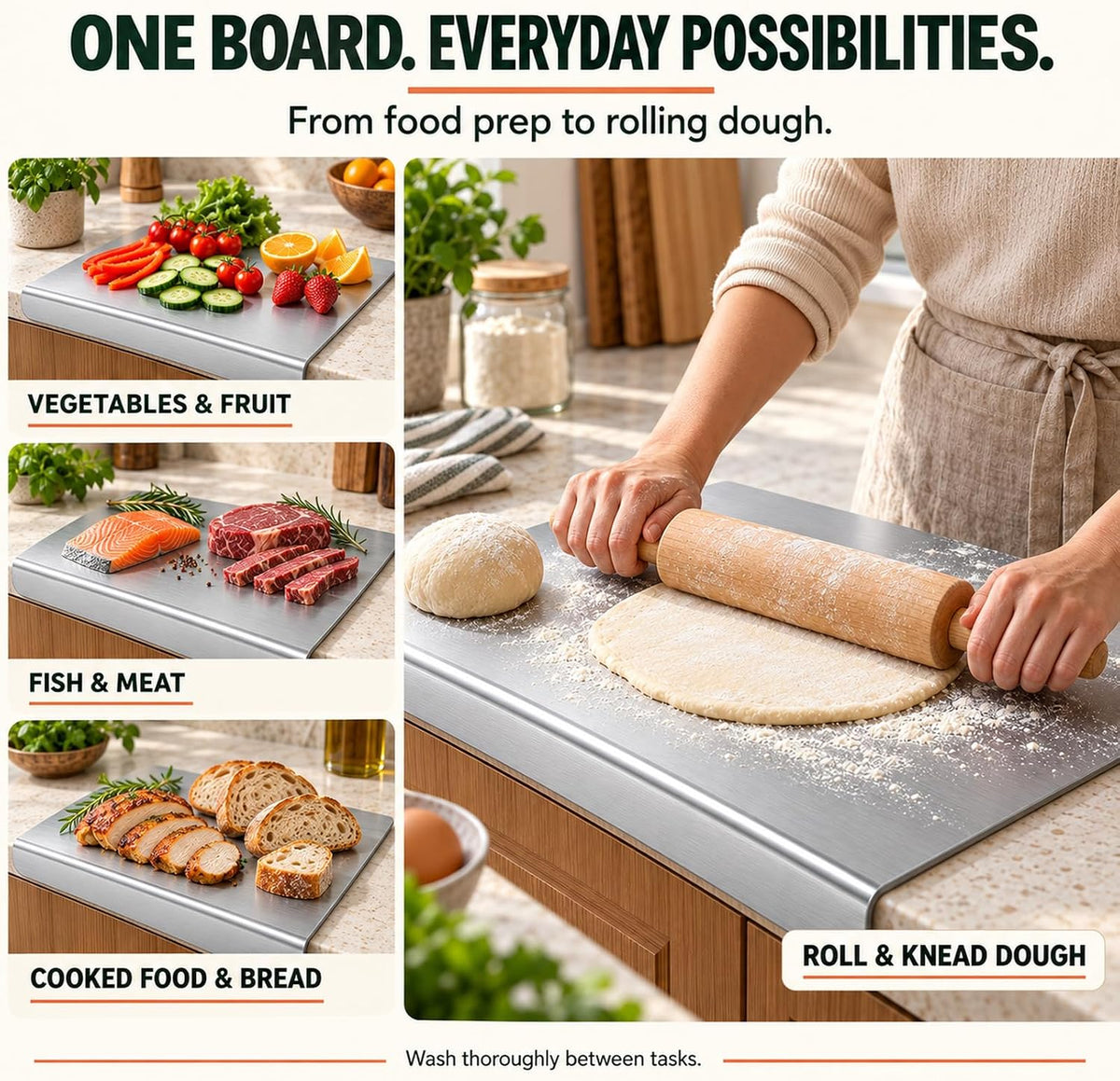 Kant Stainless Steel Cutting Board with Lip, Steel Cutting Boards for Kitchen Non-Toxic Dishwasher Safe Chopping & Kneading Board for Dough Meat/Vegetable/Fruit/Bread/Baking Gift-Ready(S+L)