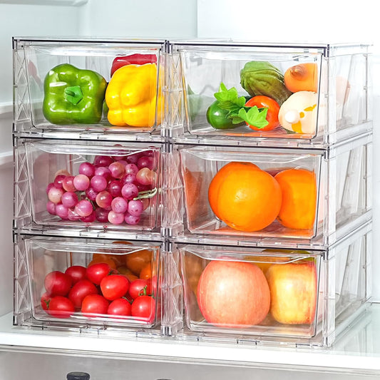 Clemate 6Pack Pantry Organizers and Storage,Clear Stackable Kitchen Storage Organizer,Foods Organizer Bins with Handles, Easily Assemble for Bathroom, Kitchen, Refrigerator, Pantry, Cabinet, Closet
